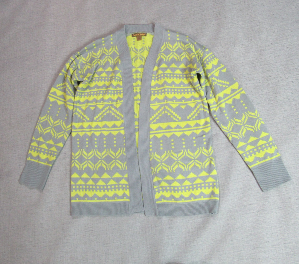 Love By Design Cardigan Sweater Womens Size M Yellow Gray Open Front Knit Aztec